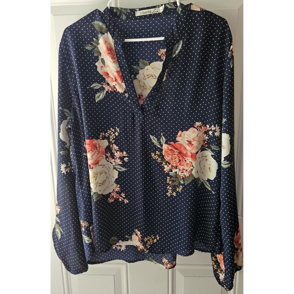 Liberty Love Women's XL Navy Floral Polka Dot Blouse Long Sleeve Boho Top
